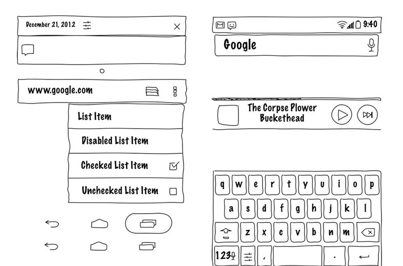 Android UI Mockup Templates from GUI Toolkits Illustrator, Fireworks, Axure, OmniGraffle, Visio, Keynote and PowerPoint