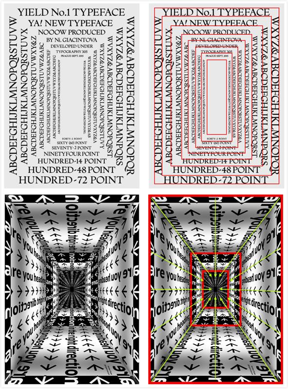 文字充当主体的同心式发射构成的案例,不止可以围绕成一个圆形,也可以