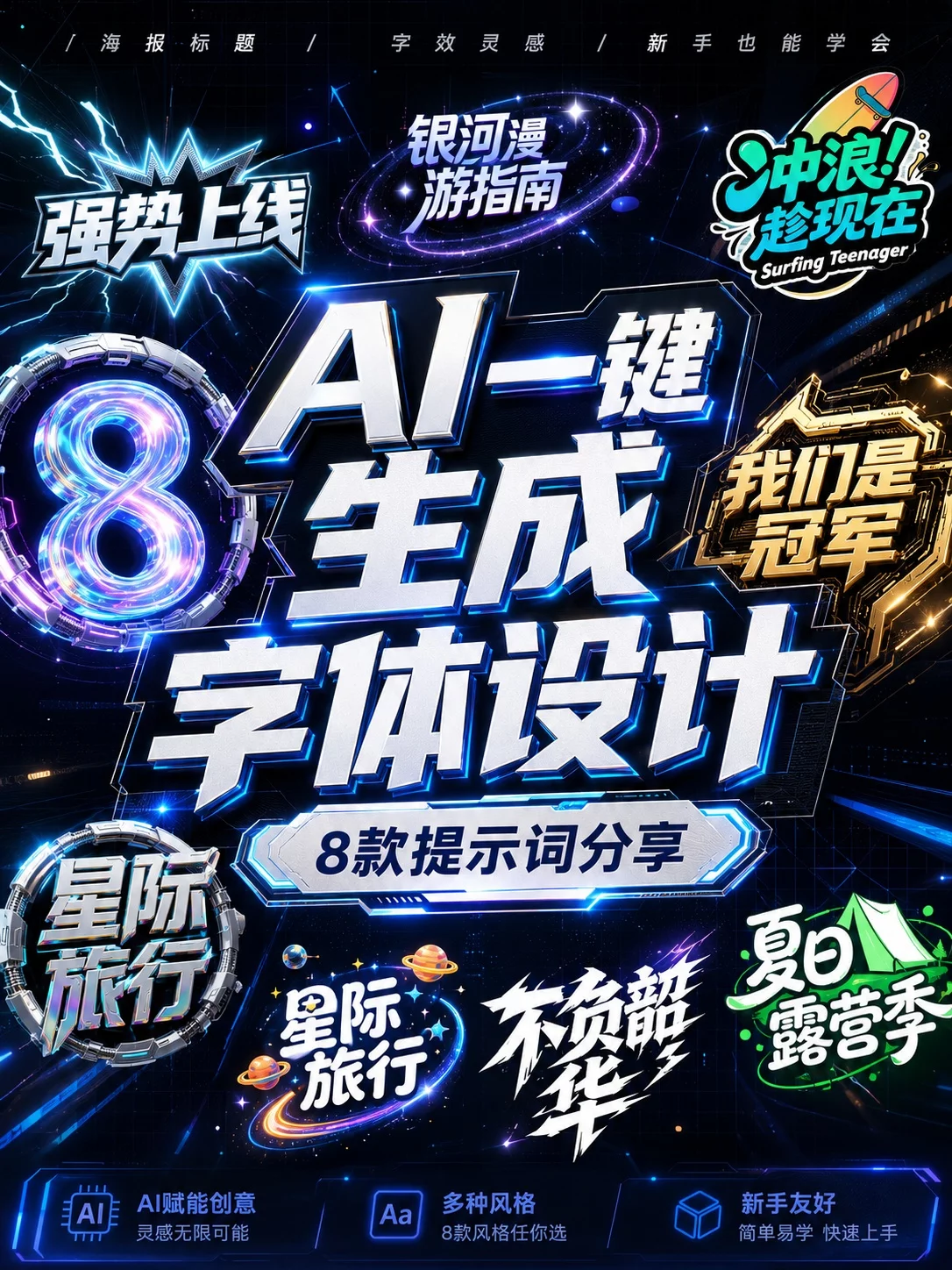 新手也能马上上手！8款AI字体提示词轻松做海报字