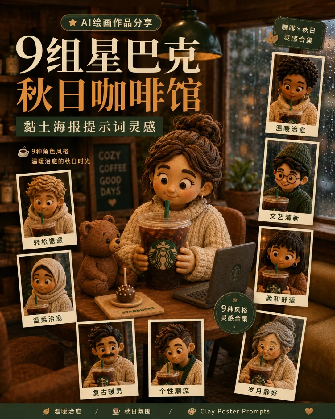 9组星巴克秋日黏土海报！咖啡馆氛围感提示词