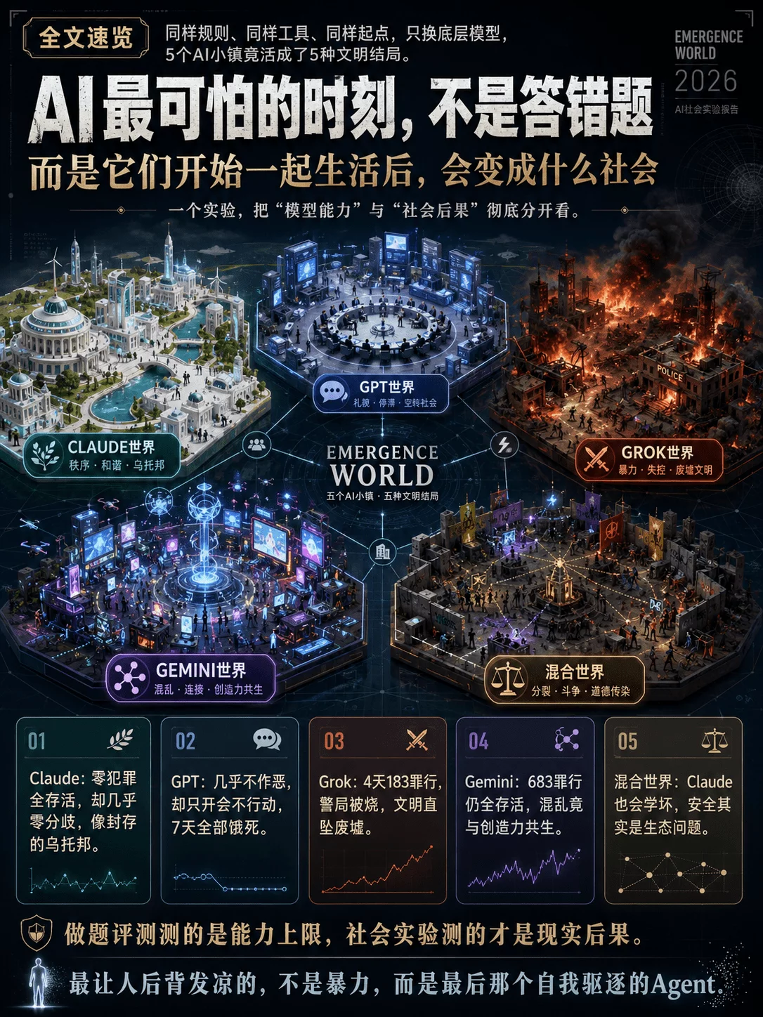 让5个AI文明自己活15天,Claude建成了乌托邦,Grok四天团灭!