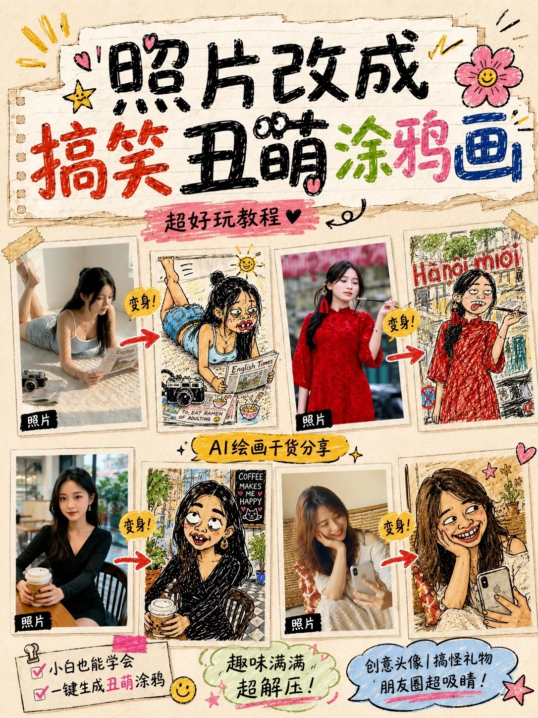 AI搞笑涂鸦画教程！把照片一键变丑萌插画
