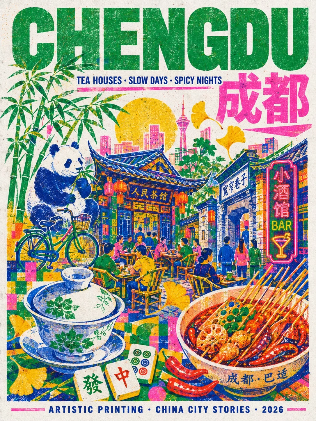 9座中国城市海报提示词!用 AI 做出一套复古孔版印刷旅行图