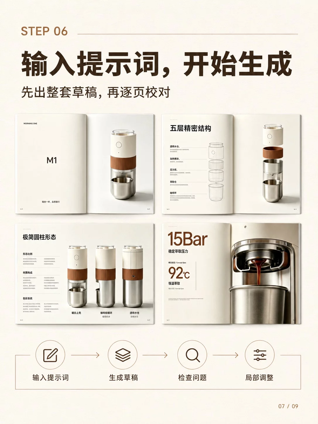 AI一键做整套画册!7步跑通10页产品设计流程