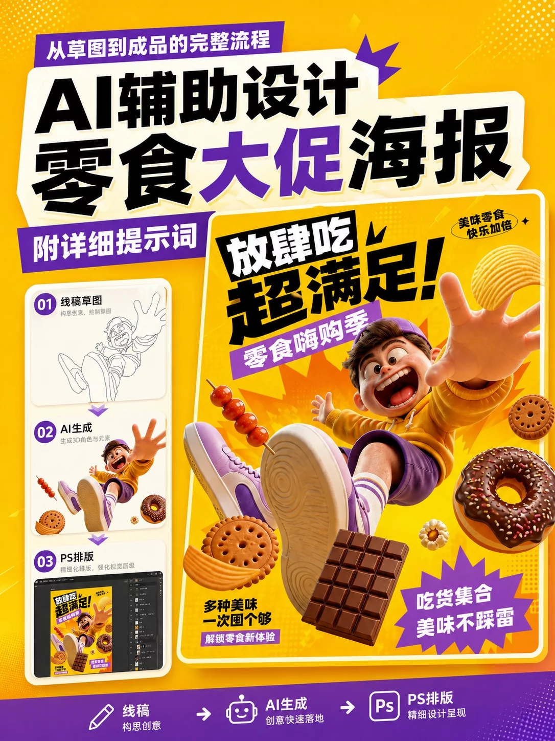3步完整复盘！用AI把草图做成零食大促海报