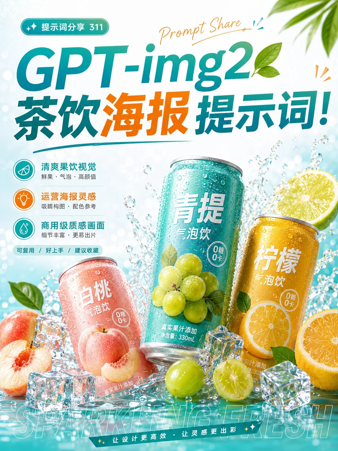 GPT-img2 茶饮海报提示词！一套做出清爽又能卖的运营图