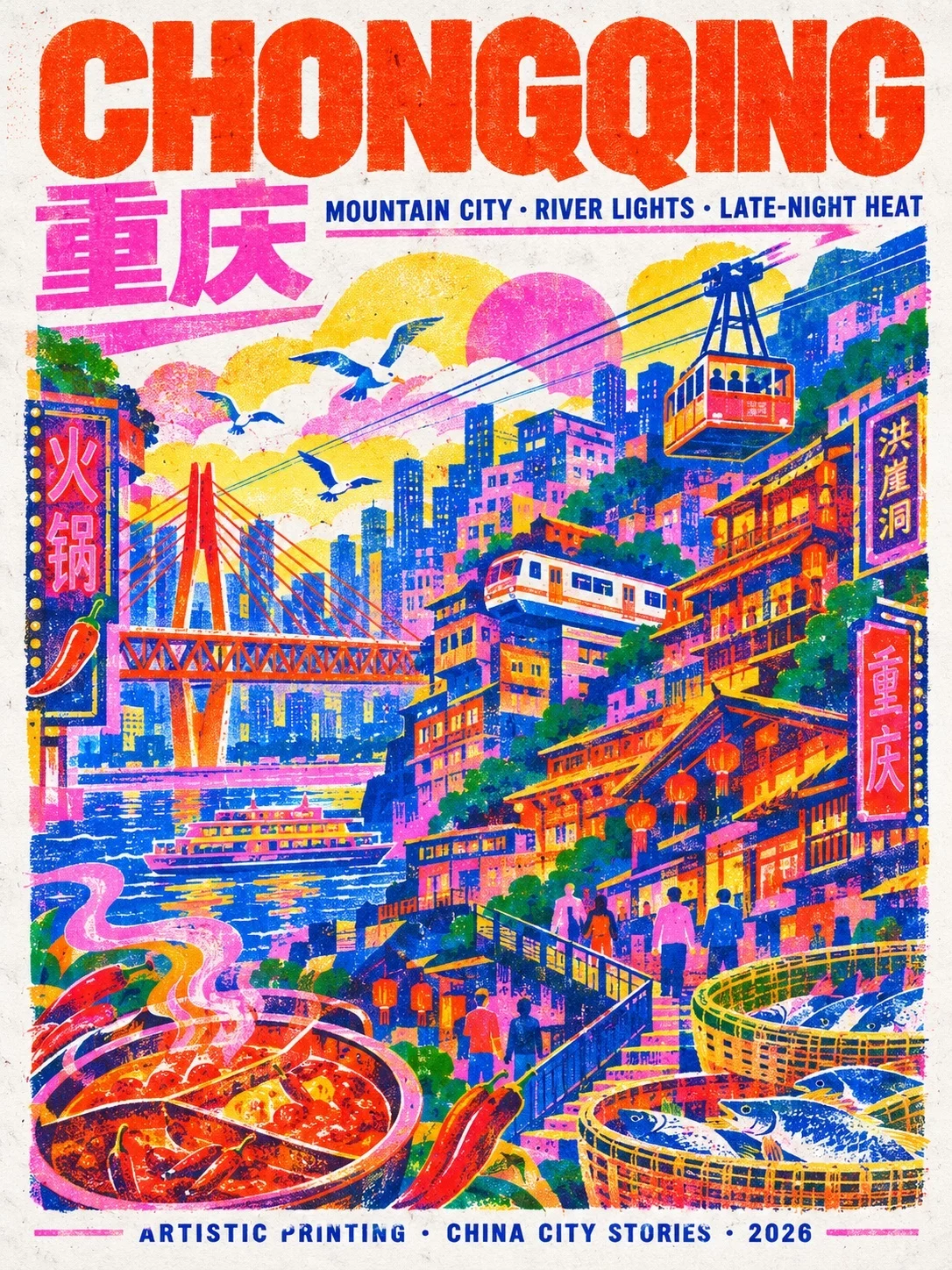 复古孔版城市海报提示词!故意错色反而比精修更有高级感