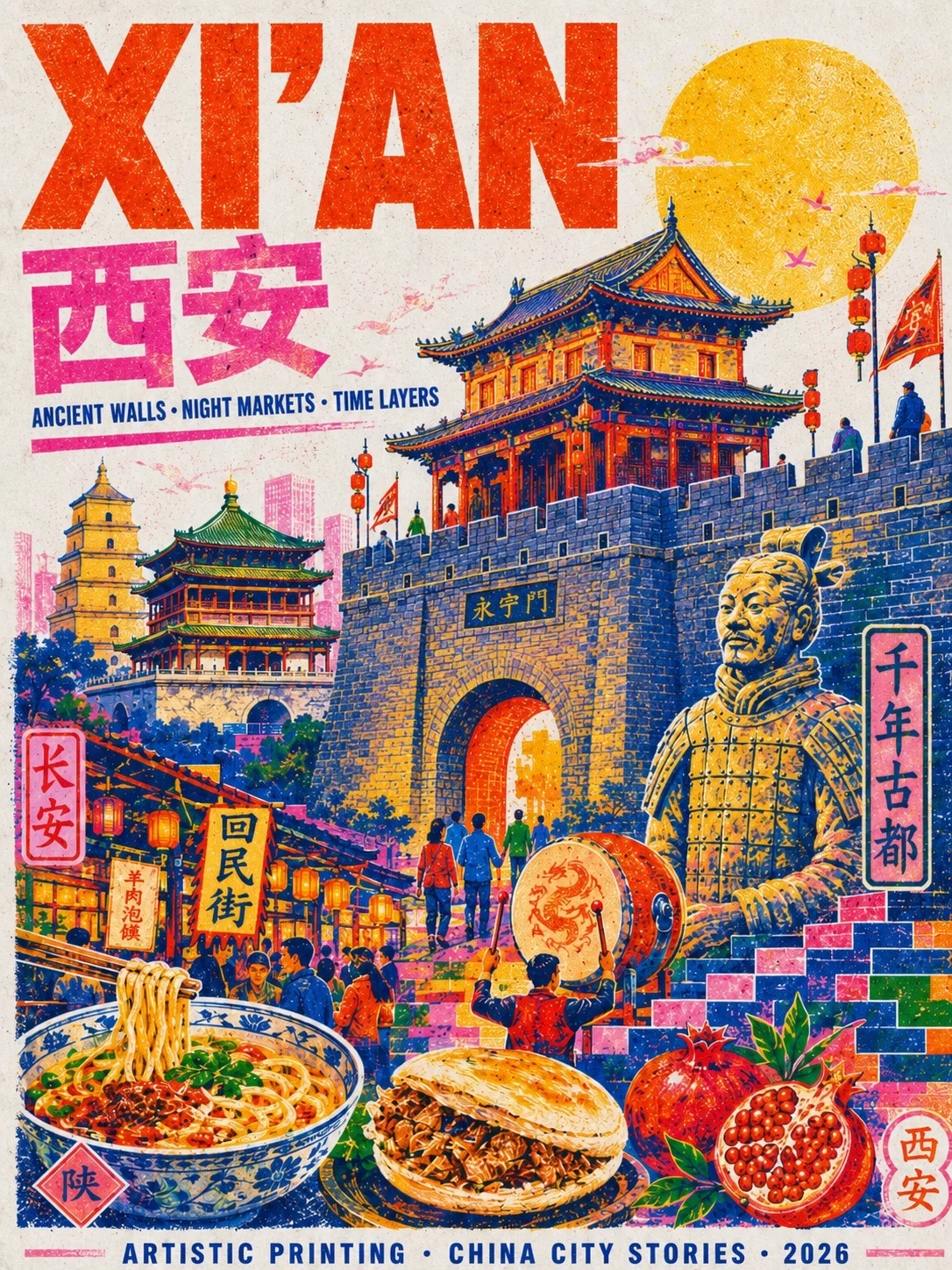复古孔版城市海报提示词!故意错色反而比精修更有高级感