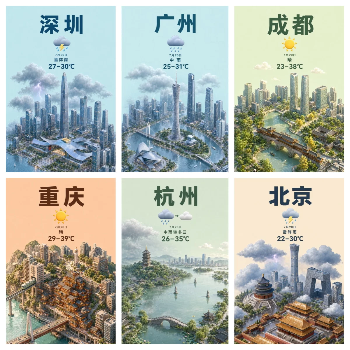 暑期旅游城市海报提示词!AI把6座城市缩成了掌心3D景观