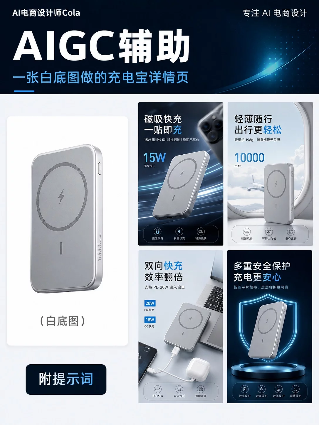 1张白底图搞定！AIGC做充电宝详情页教程，附详细提示词