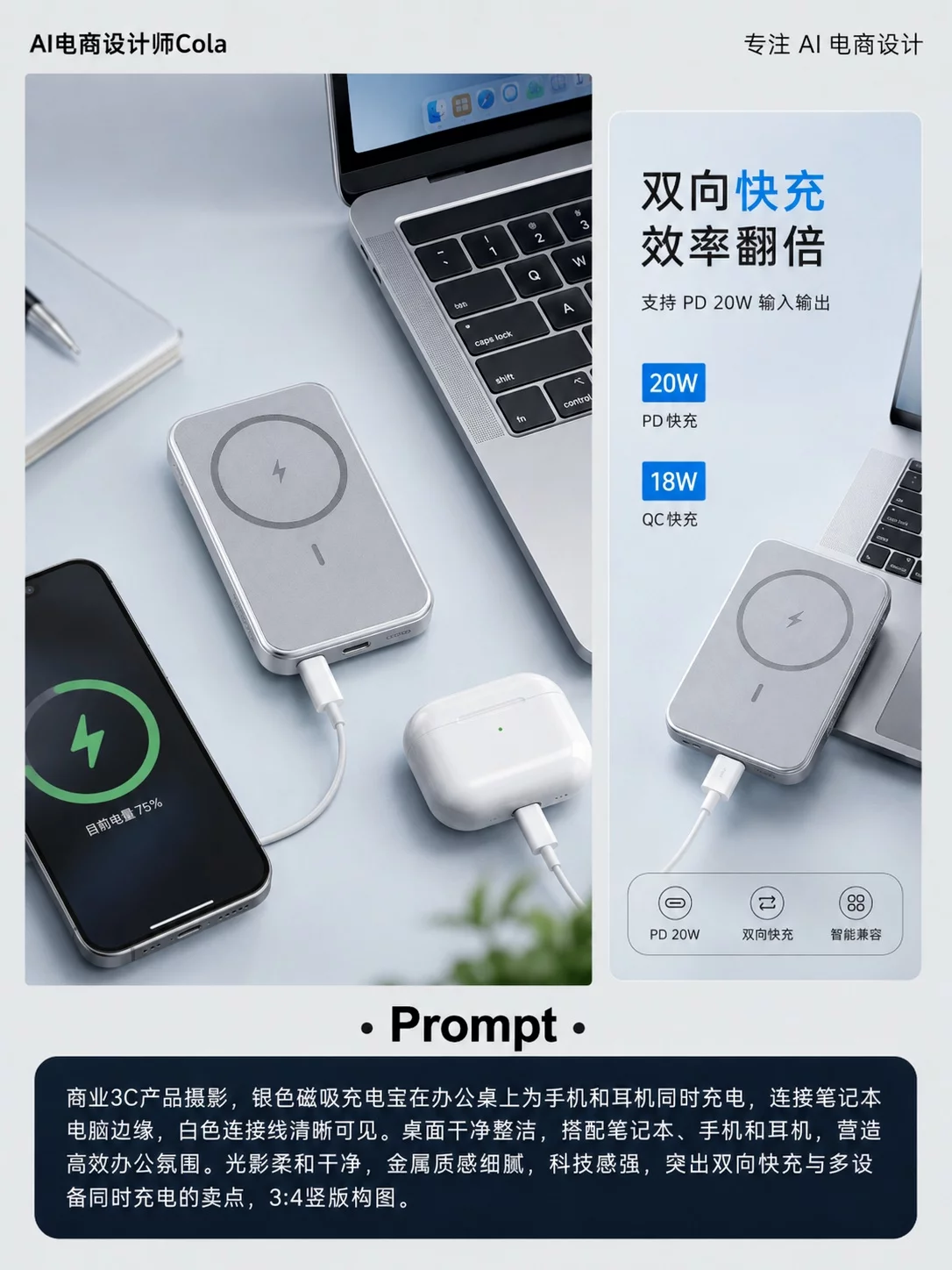 1张白底图搞定！AIGC做充电宝详情页教程，附详细提示词