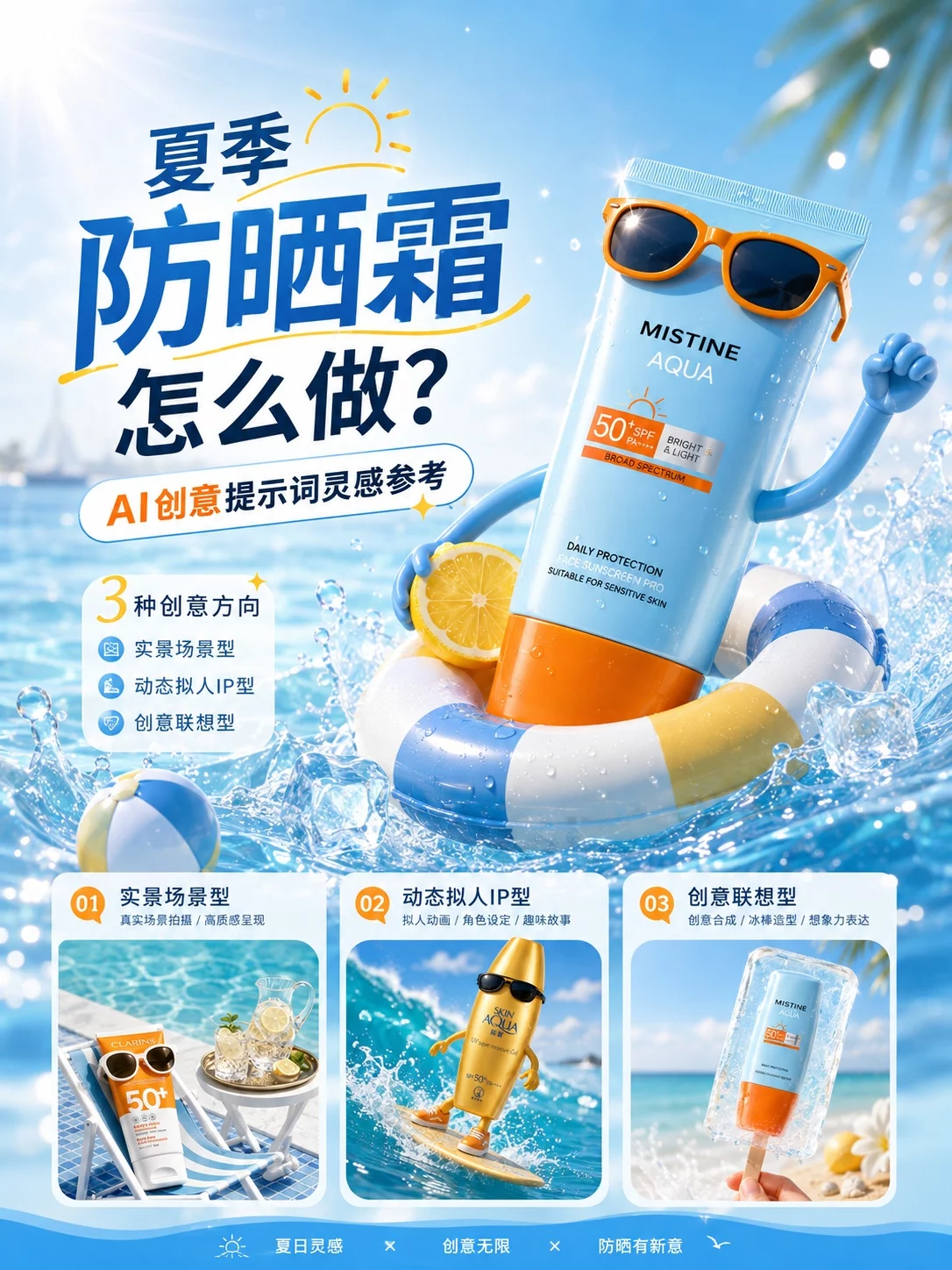 夏季防晒霜怎么做? 3类AI创意提示词灵感参考