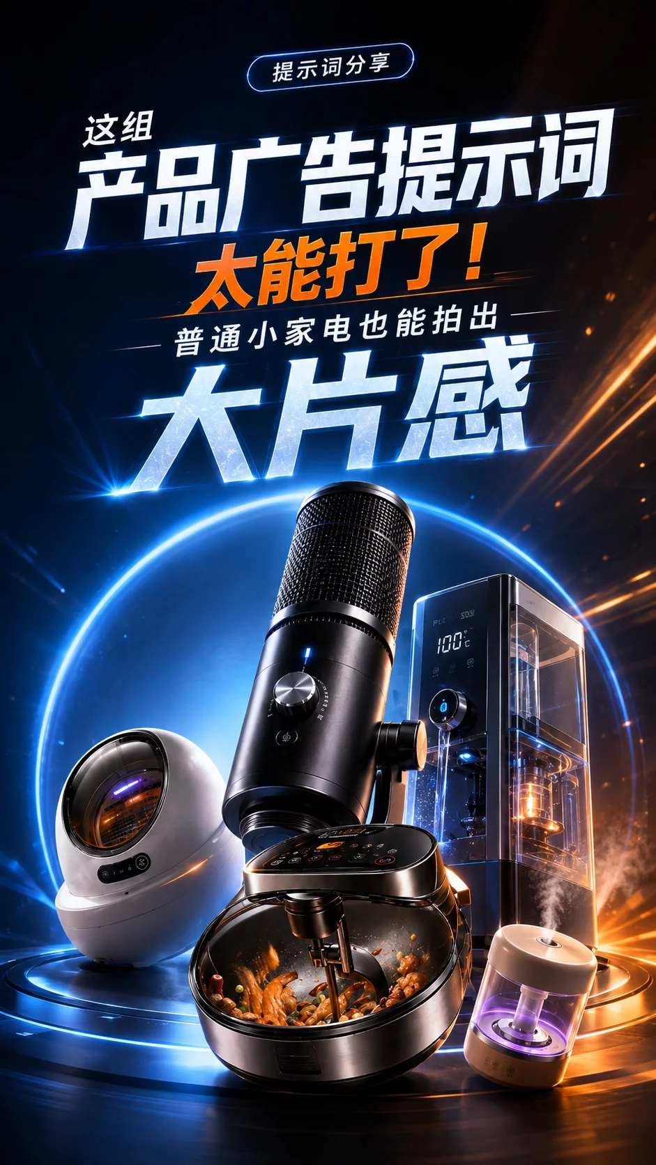 这组产品广告提示词太能打了!普通小家电也能拍出大片感