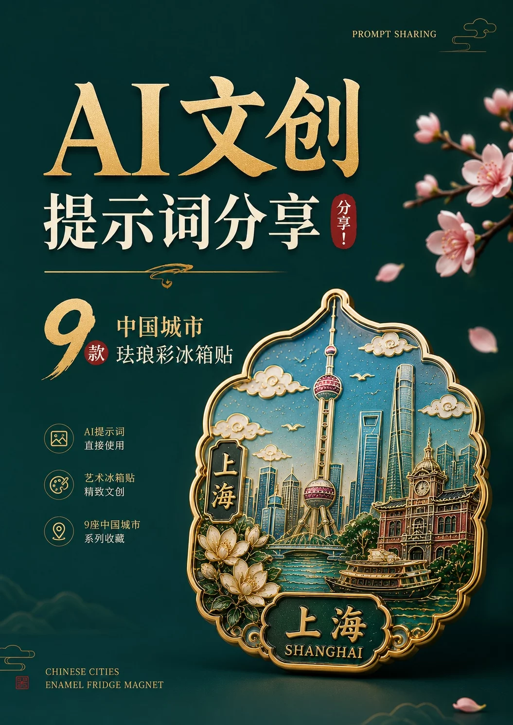 9款中国城市珐琅冰箱贴提示词!AI文创也能这么高级