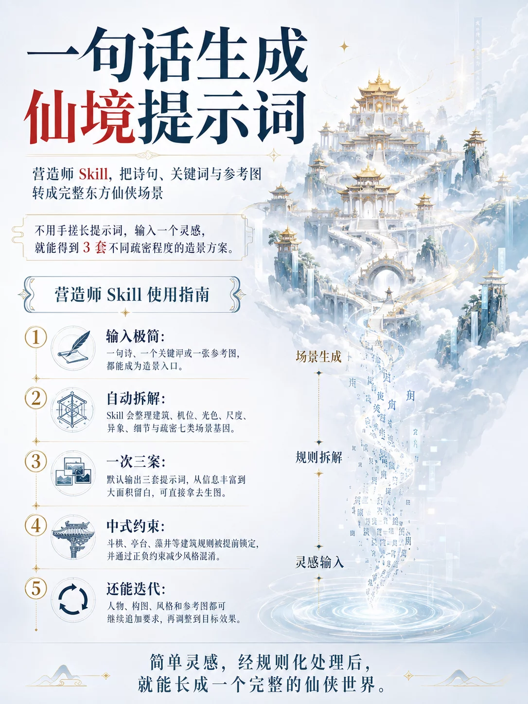 一句话直出各种仙境提示词,这个提示词Skill带你创造仙侠世界!